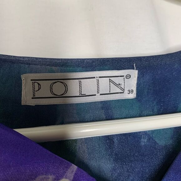 Polin Dress Career Floral Twist Neck Navy Slit 38 Asymmetrical Sleeveless - Picture 4 of 8